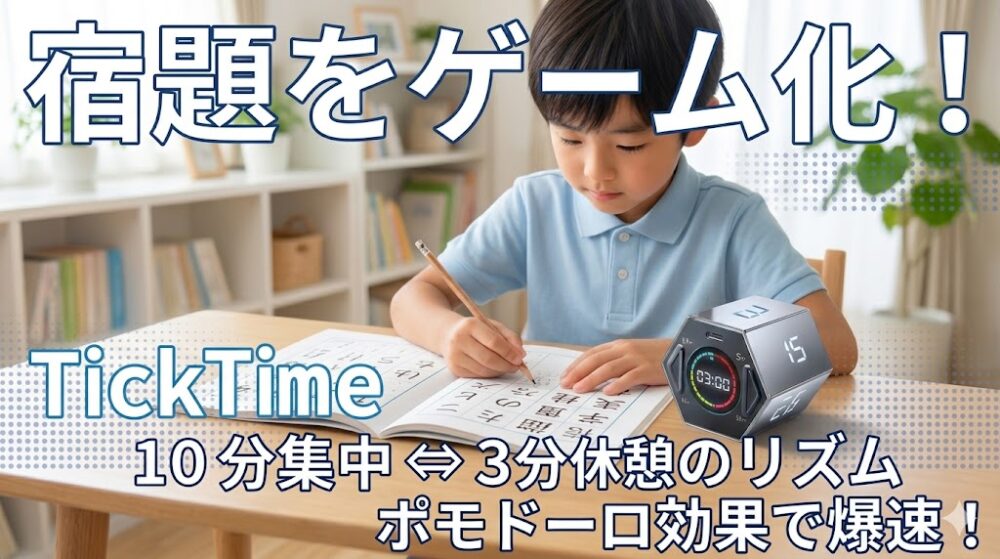 明るいリビングで宿題に集中する男の子。机の上にはメタリックな六角形タイマー「TickTime」が置かれ、画像には「宿題をゲーム化！」「TickTime」「10分集中⇔3分休憩のリズム」「ポモドーロ効果で爆速！」という文字が入っている。