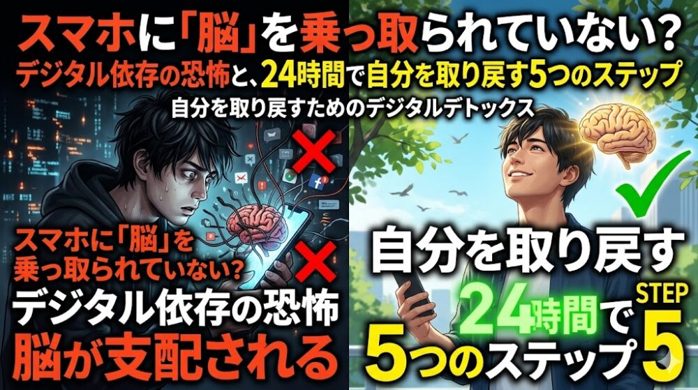 スマホ画面から出る暗い触手に脳を乗っ取られている男性と、24時間後に自分を取り戻して爽やかな表情を浮かべる男性のビフォーアフター。デジタル依存の恐怖と克服をイメージしたアイキャッチ画像。