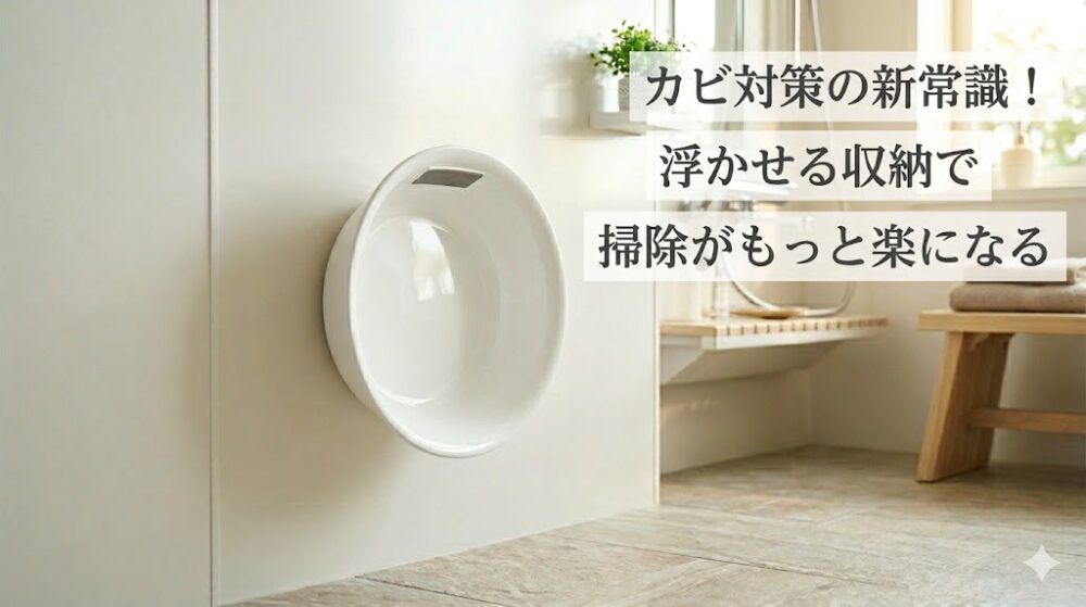 明るく清潔感のある浴室の壁に、丸型の白いマグネット洗面器がピタッと貼り付いている様子。画像内には「カビ対策の新常識！浮かせる収納で掃除がもっと楽になる」という文字が入っている。