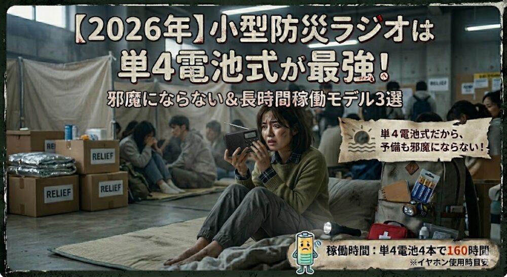 避難所の片隅で、普段着の女性が黒い小型の防災ラジオを手に持ち、真剣な表情でニュースを聴いている様子。横には単4電池の予備が入った避難リュックが置かれている。