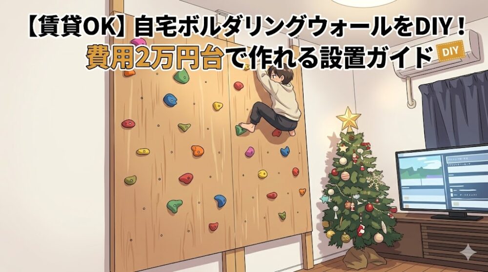 賃貸でも設置可能な、木製DIYボルダリングウォールが置かれたリビングのアニメ風イラスト。壁を登る子供、飾られたクリスマスツリー、テレビが描かれ、上部に「【賃貸OK】自宅ボルダリングウォールをDIY！費用2万円台で作れる設置ガイド」という文字が入っている。