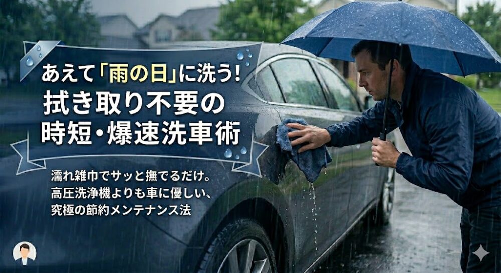 雨の中で傘を差しながら、濡れた雑巾で車のボディーを優しく拭き上げる男性の様子を描いたブログ用アイキャッチ画像。記事タイトルの「あえて雨の日に洗う！拭き取り不要の時短・爆速洗車術」という文字が入っている。
