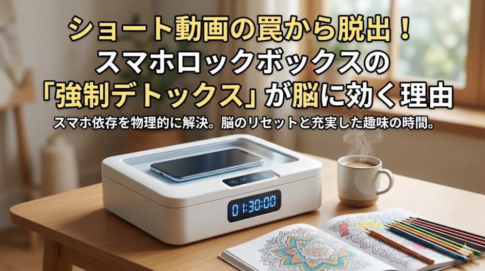 スマホロックボックスと趣味の道具が並ぶ、デジタルデトックス中の静かなデスク