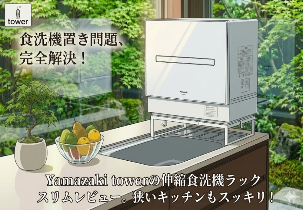 山崎実業tower伸縮食洗機ラックのレビューイメージ。狭いキッチンのシンク上に設置してスペースを有効活用している様子。