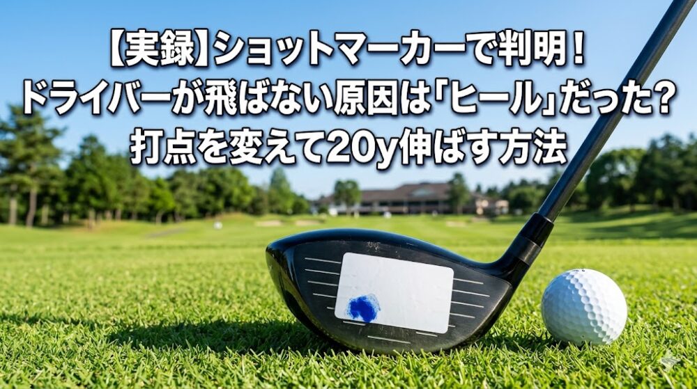 ゴルフ練習場の芝生の上で、ヒール側に青い打点がついたショットマーカーが貼られたドライバーのフェースと、その横にあるゴルフボール