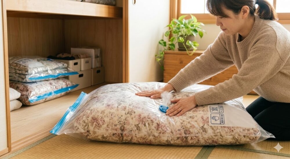 手押し式布団圧縮袋を使って、羽毛布団を手で上から押して空気を抜いている様子。掃除機不要でコンパクトになることを解説