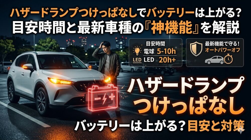 夜の駐車場でハザードランプが点滅し続ける車と、頭を抱えて困る男性。バッテリー上がりの目安時間やオートパワーオフ機能の解説テキストが含まれたアイキャッチ画像。