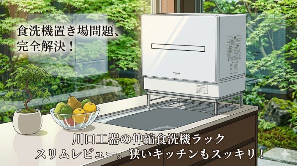 川口工器の燕三条製・伸縮食洗機ラックをシンク上に設置したアニメ調のイラスト。白い食洗機が頑丈なステンレスラックに載っており、背景には美しい新緑の庭が見える清潔感のあるキッチンの風景。