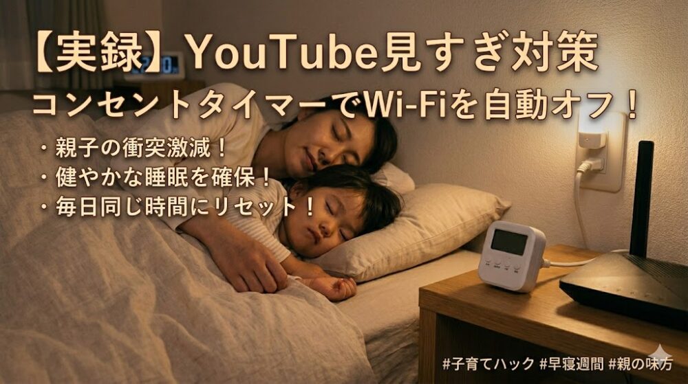 22時30分を指すデジタル時計、コンセントタイマーに接続されたWi-Fiルーターの隣で、安らかに眠る親子。子供のYouTube見すぎ対策としてWi-Fiを自動オフにした後の、静かで健やかな寝室の様子。