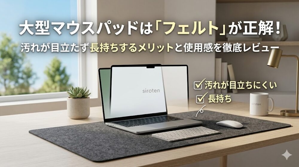 木目のデスク天板に敷かれた、まだら模様が特徴のグレー系大型フェルトマウスパッド。シルバーのノートPCや観葉植物が置かれ、汚れが目立ちにくく長持ちするメリットを強調したアイキャッチ画像。