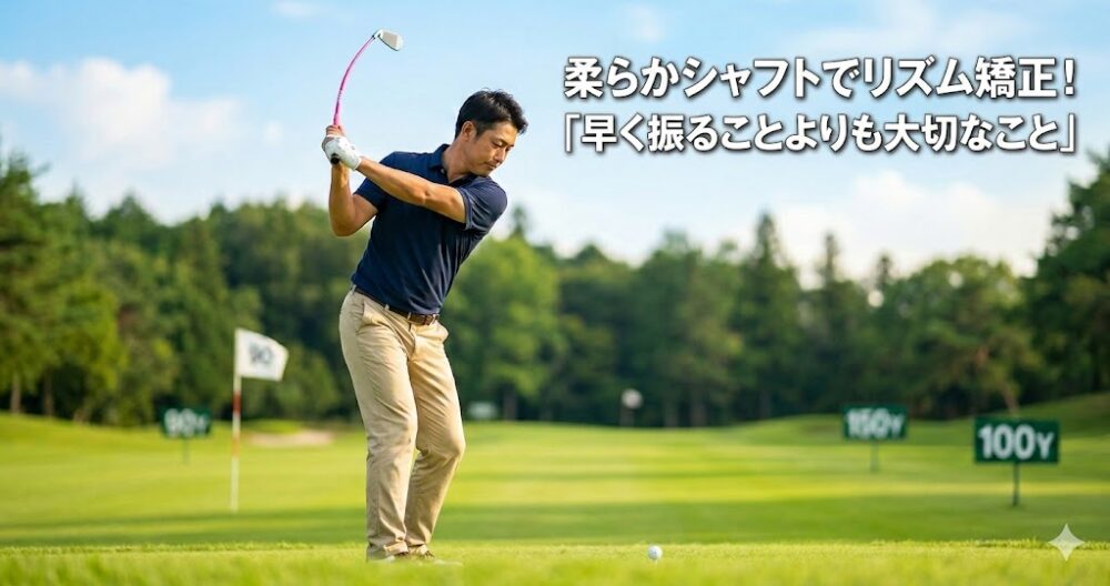 柔らかいピンク色のシャフトが大きくしなる練習用アイアンで、リズムを意識してスイング練習をする男性ゴルファーのイメージ。背景には90切りの目標を示す「90」のフラッグが見える。