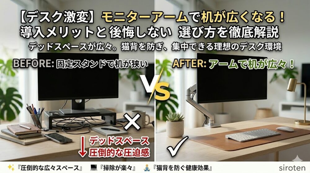 モニターアームを導入する前（左）と後（右）のデスク環境を比較したアイキャッチ画像。純正スタンドによるデッドスペースと、アームで宙に浮かせた広々としたスペースの対比