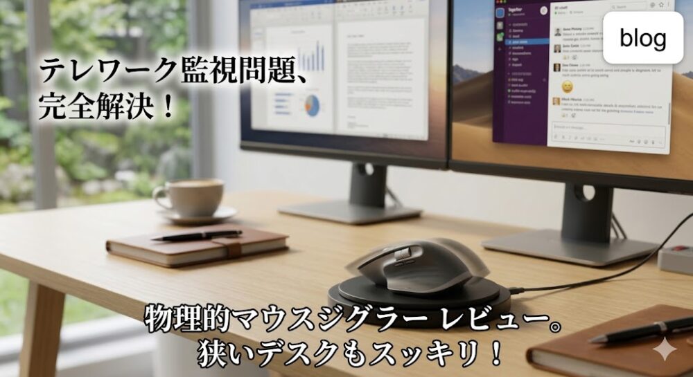 写真ベースのデスクシーンに「テレワーク監視問題、完全解決！」などのテキストが書かれたアイキャッチ画像