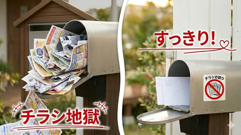 郵便ポストのチラシ対策ビフォーアフター。左側は大量のチラシが溢れ出した「チラシ地獄」の状態、右側は「チラシお断り」ステッカーを貼り、必要な郵便物だけが入った「すっきり！」した状態の比較イメージ。