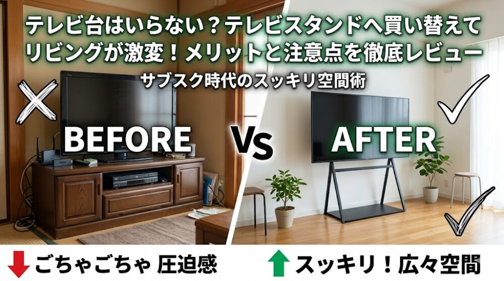 テレビ台のあるごちゃごちゃしたリビング（Before）と、テレビスタンドでスッキリ広々としたリビング（After）を比較したアイキャッチ画像。サブスク時代の省スペースな部屋作りをイメージ