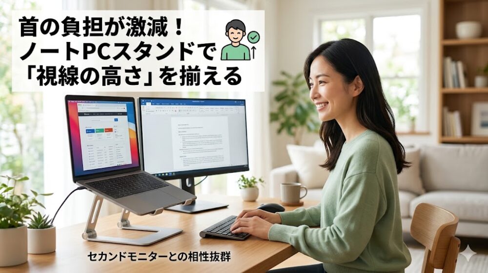 ノートパソコンスタンドとセカンドモニターの高さを揃えて、正しい姿勢で快適にデスクワークをする女性のイラスト。首の負担軽減をイメージ。