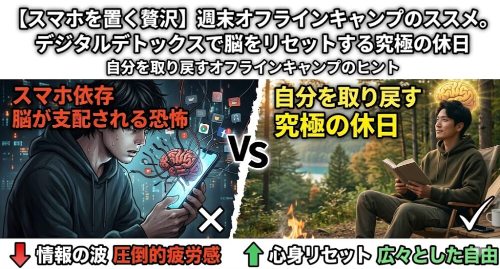 スマホ依存による脳の疲労（左）と、週末のオフラインキャンプで心身をリセットする様子（右）を比較したアイキャッチ画像。デジタルデトックスのメリットを視覚化したビフォーアフター。