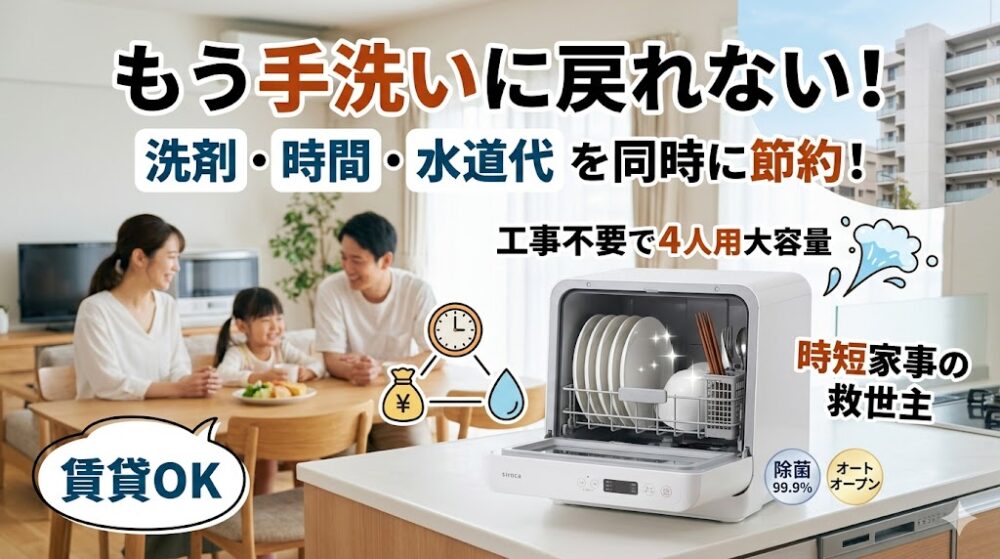明るいキッチンで、シロカの食洗機からピカピカの食器を取り出す様子と、それを見守る笑顔の家族。背景には『もう手洗いに戻れない！』というキャッチコピーと節約のアイコン。