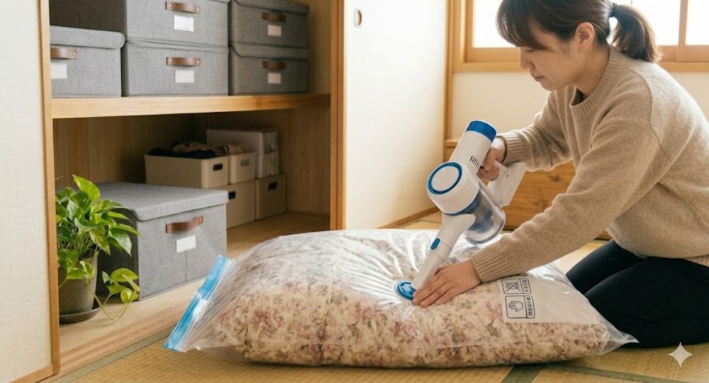 スティック掃除機対応の布団圧縮袋を使い、羽毛布団を一気に吸引している様子。最新の掃除機でも空気が漏れずにしっかり圧縮できることを解説