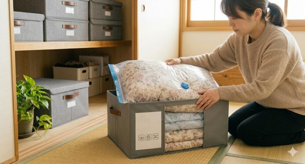 手押し式布団圧縮袋を使って、羽毛布団を手で上から押して空気を抜いている様子。掃除機不要でコンパクトになることを解説