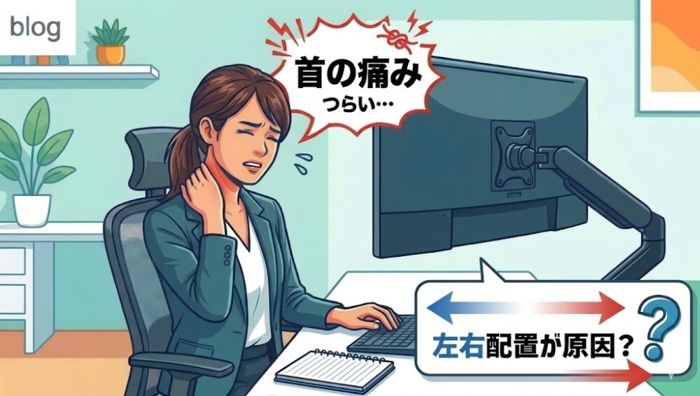 デスクワークで首の痛みに悩む女性。右側のサブモニターを見る姿勢による負担を「左右配置が原因？」というテキストとイラストで表現したブログ用アイキャッチ画像。
