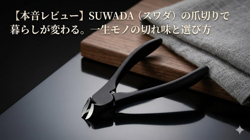 高級感のある黒いSUWADAのニッパー型爪切りが、光沢のある黒いデスクと木製トレーの上に置かれている。背景にはグレーの布が添えられ、左上には『【本音レビュー】SUWADA（スワダ）の爪切りで暮らしが変わる。一生モノの切れ味と選び方』というタイトルが入った洗練されたアイキャッチ画像