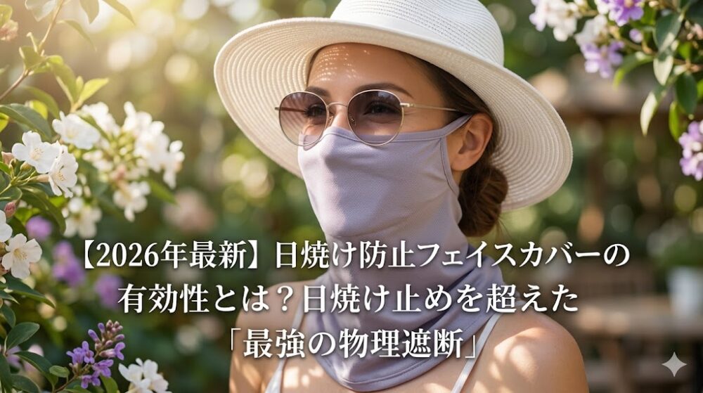 日差しが降り注ぐ屋外で、UVカット率の高いフェイスカバーとおしゃれな帽子、サングラスを着用して完璧な紫外線対策を行う女性のイメージ