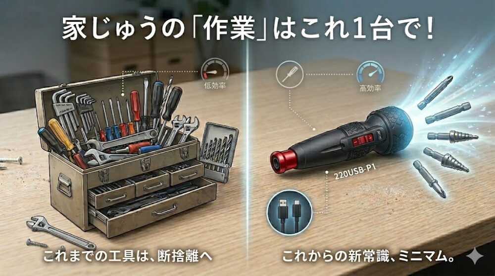 大量の工具が入った古い工具箱（左）と、それらを1台に集約し、様々なビットやUSBケーブルと共に光を放つ最新のベッセル電ドラボール プラス（右）を対比したインフォグラフィック画像。「家じゅうの作業はこれ1台で！」「これまでの工具は、断捨離へ」「これからの新常識、ミニマム。」の説明テキスト入り。