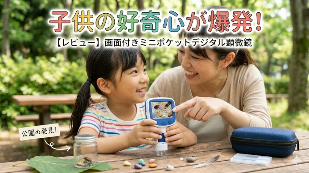 天気の良い公園で、母親と娘が笑顔で画面付きデジタル顕微鏡を覗き込み、液晶に映った葉っぱの脈を指差して驚いている様子