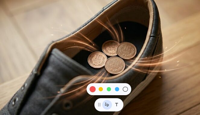 靴の中に置かれた4枚の10円玉。銅の成分が、消臭・抗菌効果を持つ銅イオンを放出し、靴の臭いの元を断つイメージ。