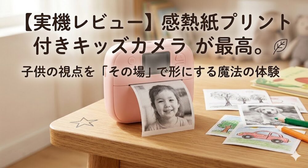 プリント機能付きキッズカメラと印刷されたモノクロ写真