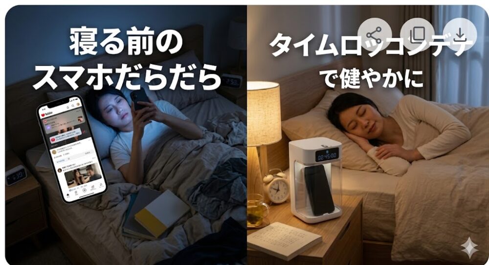 寝る前のスマホダラダラと、タイムロッキングコンテナで健やかに眠る様子の対比