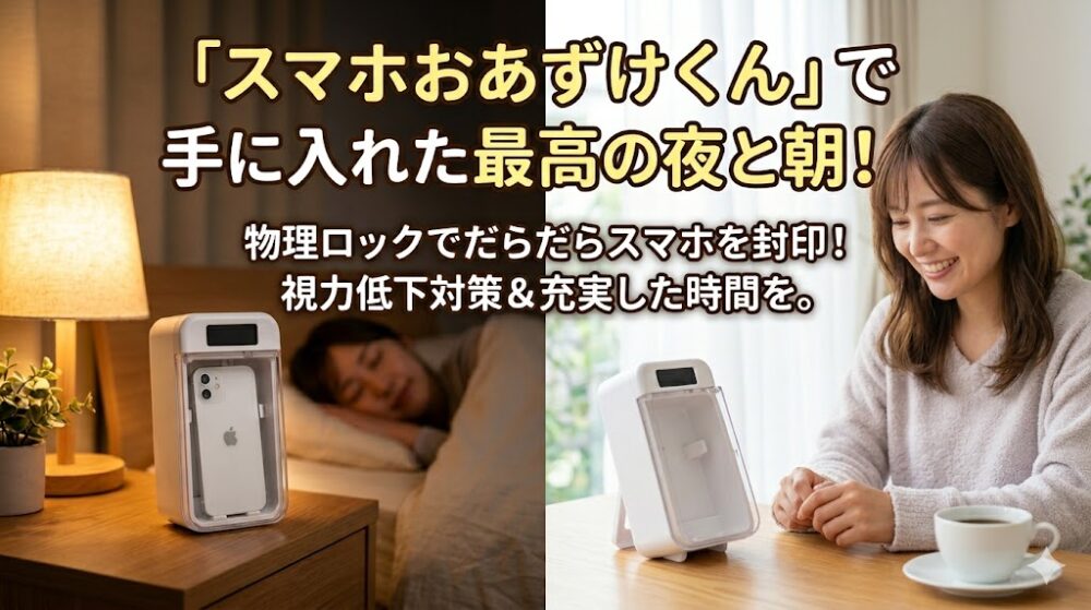スマホロックケース「スマホおあずけくん」に入れたスマートフォン。左側は寝室の枕元で夜の封印を、右側は朝のコーヒータイムで時間を有効活用している様子の比較画像。