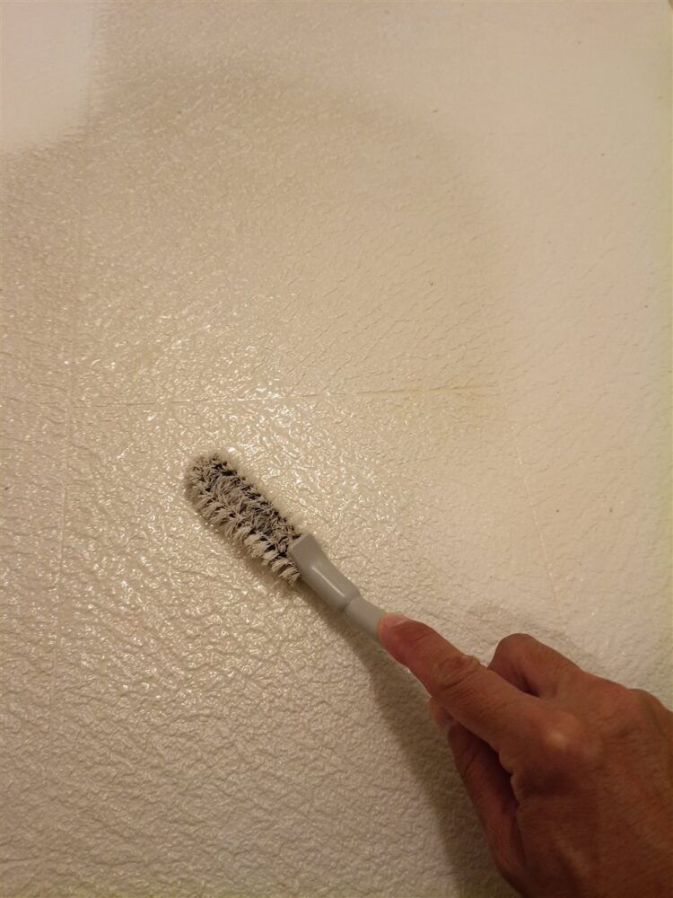 スプレーしたお風呂の床をブラシでこすっているところ