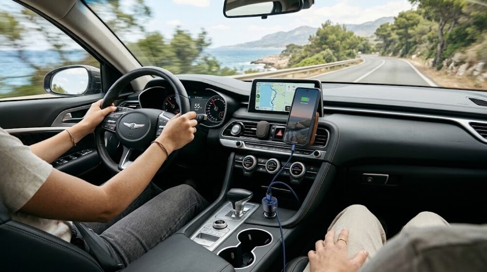 車のシガーソケットに挿した充電ケーブルと、スマホ画面が点灯しているおしゃれな車内のドライブ風景